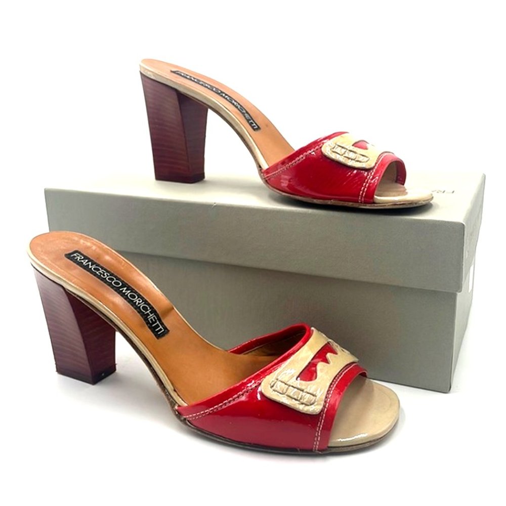 FRANCESCO MORICHETTI Red with Cream Stacked Heel Patent Leather Slide Sandal EUC